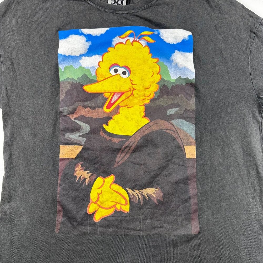 Zara Womens Distressed T-Shirt Sz S Big Bird Mona Lisa Graphic T-Shirt D.Gray - Picture 4 of 8